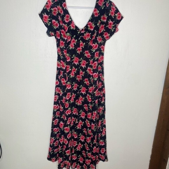 Karin Stevens Vintage 90s Black Rose Print Semi Sheer Midi Dress Size 6 - Picture 3 of 14